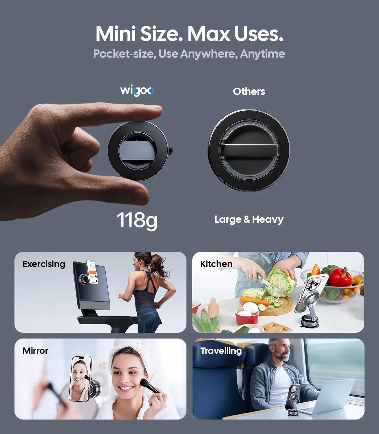 Wijoc product being held by a hand with text highlighting its pocket-size and versatility.