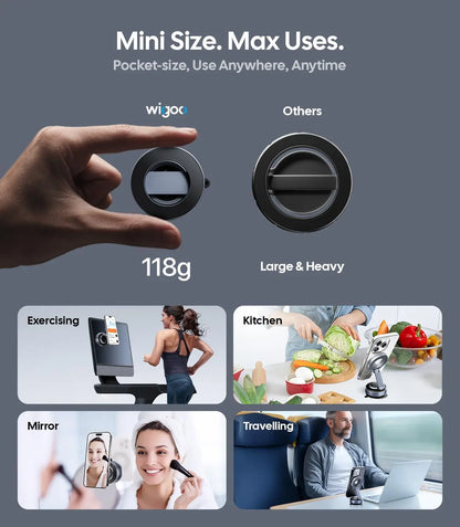 Wijoc product being held by a hand with text highlighting its pocket-size and versatility.