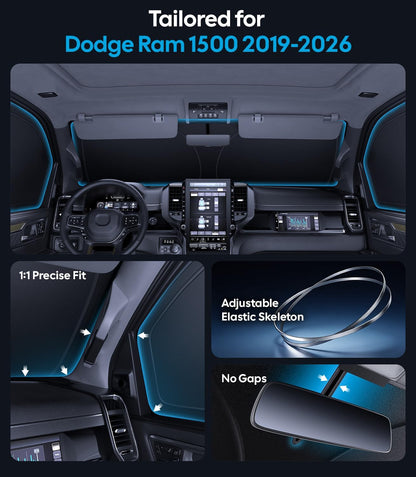 Car interior with dashboard and door panels, tailored for Dodge Ram 1500 2019-2026.