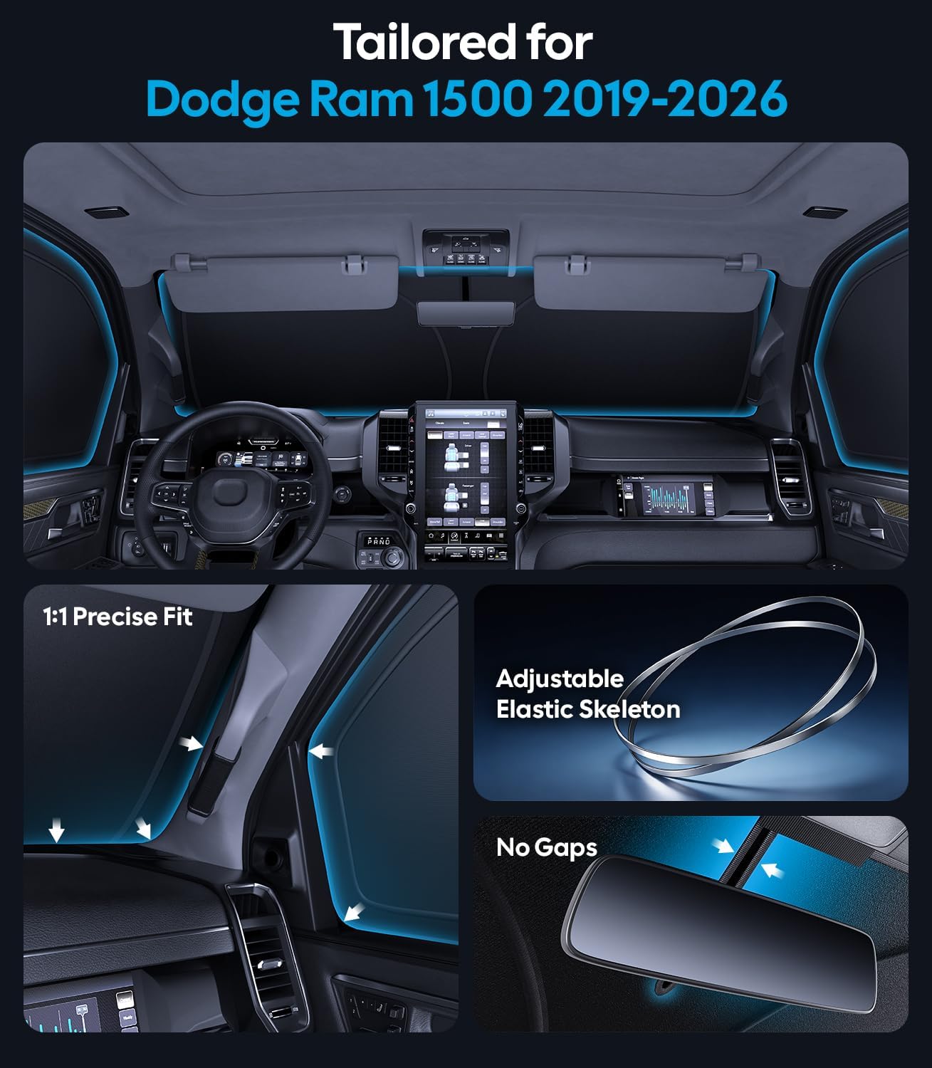 Car interior with dashboard and door panels, tailored for Dodge Ram 1500 2019-2026.