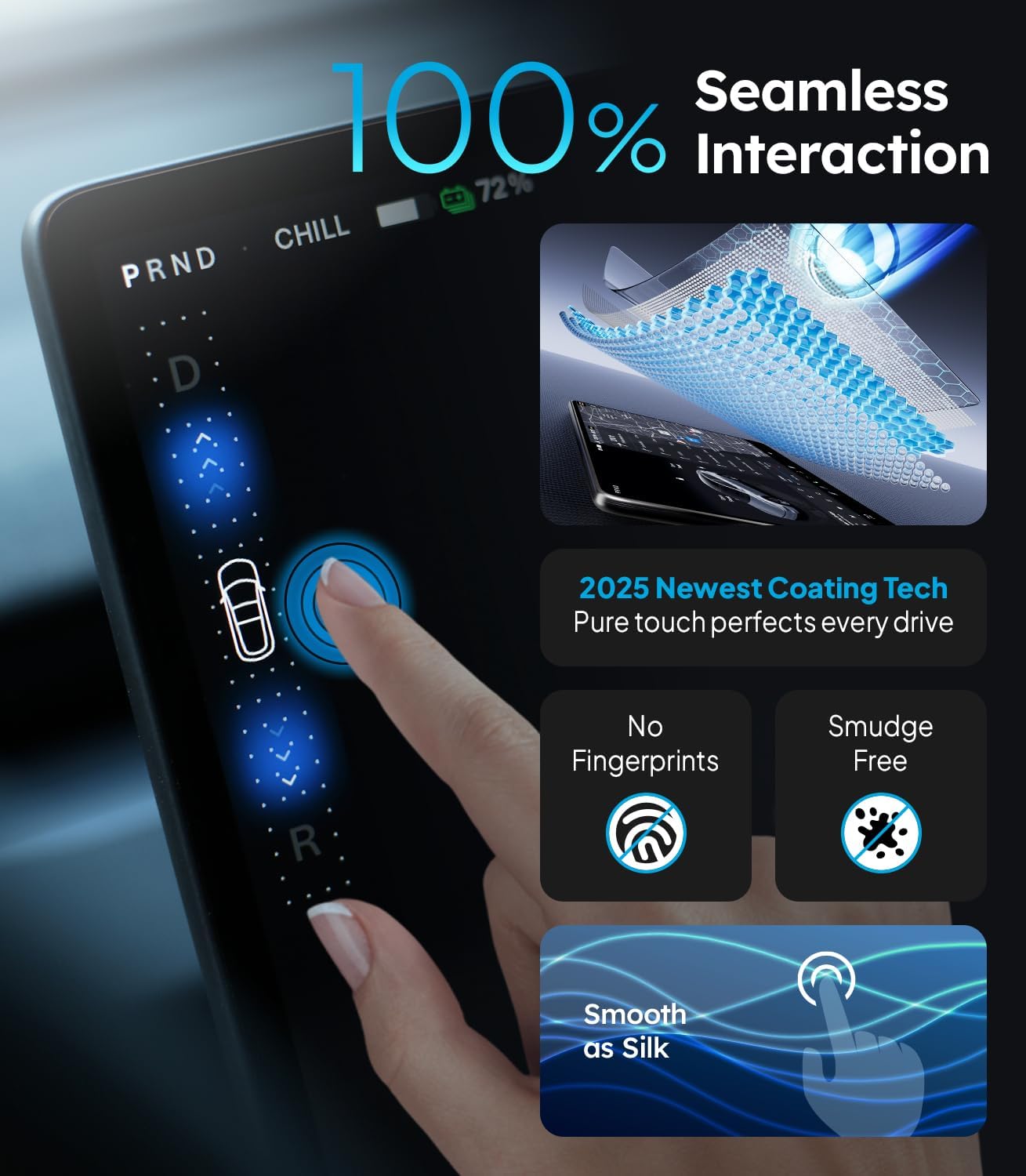 Touchscreen device with hand interacting, emphasizing seamless interaction and new coating technology.