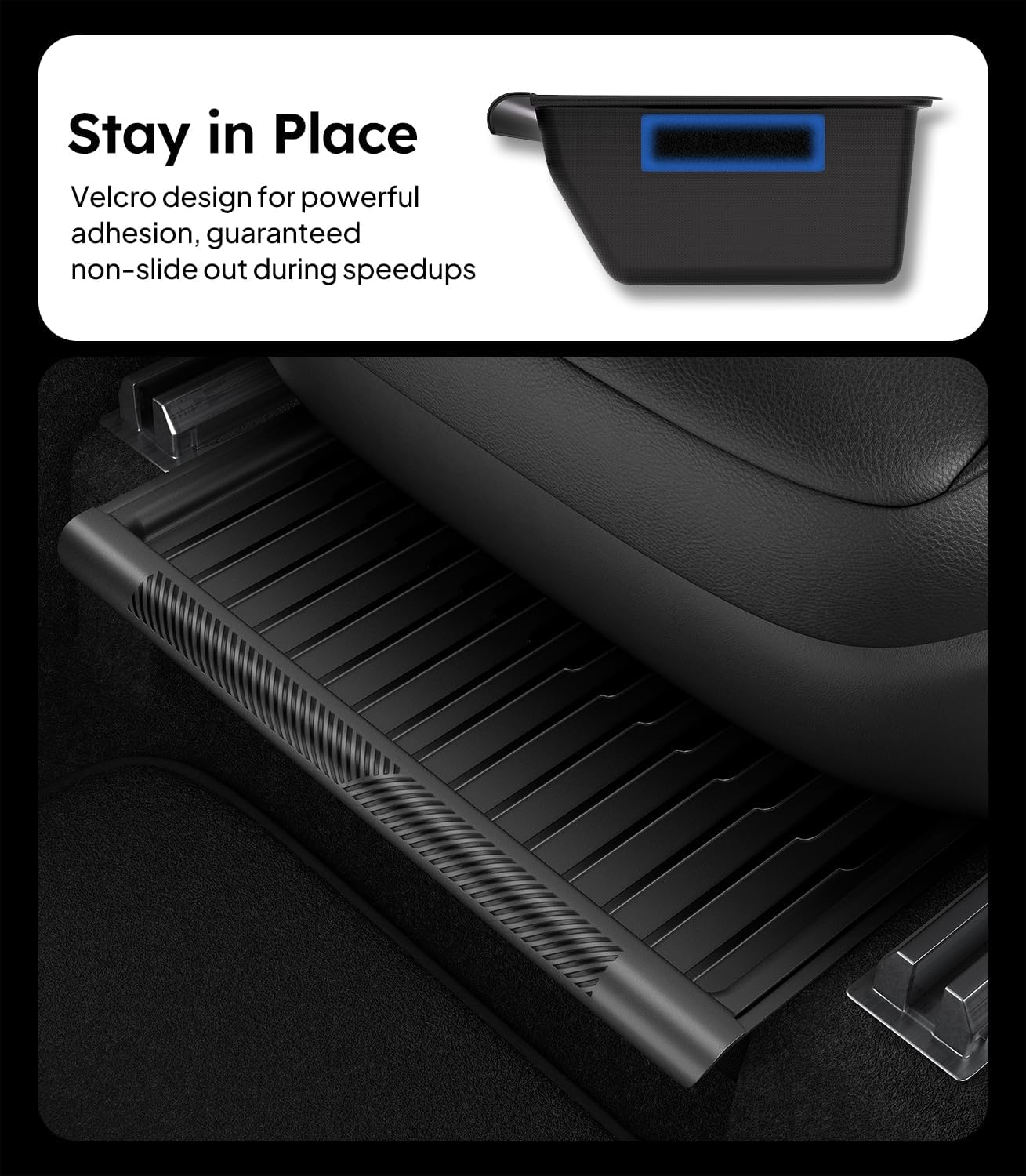 Car mat with Velcro design for non-slide out during speedups, shown in a car interior.