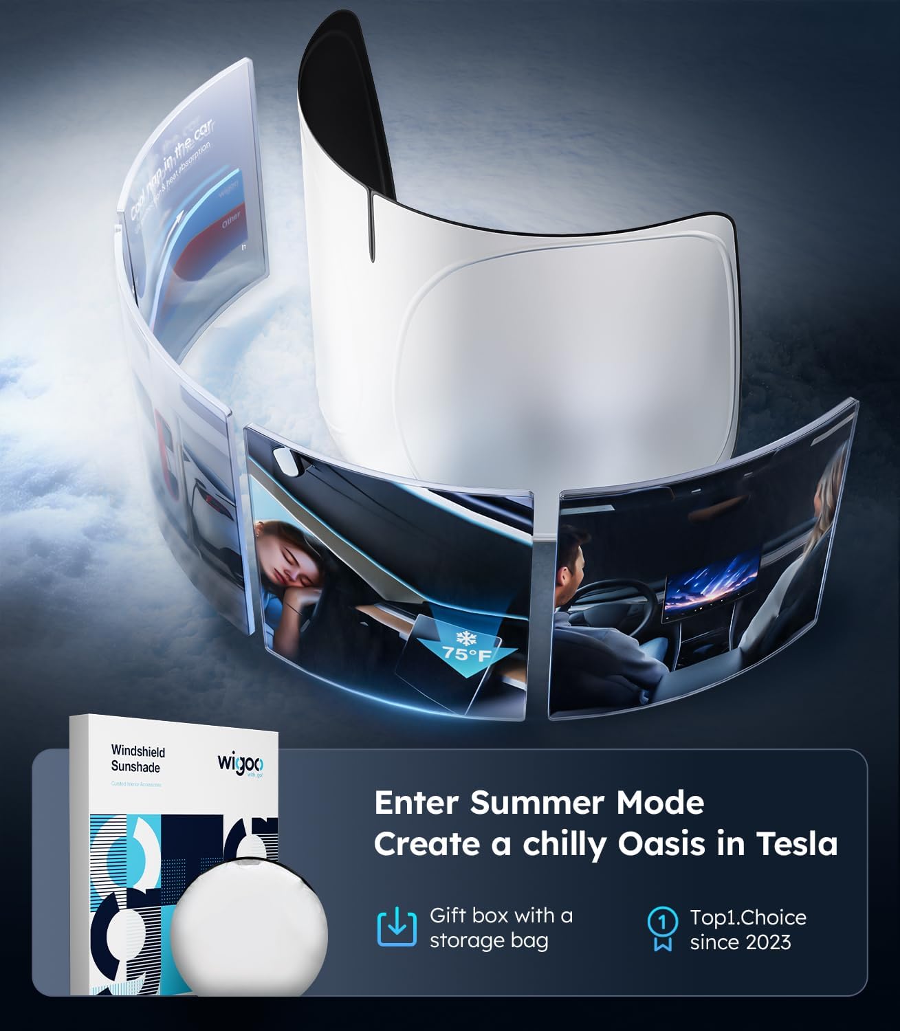 Car windshield wiper with a Wipeco product and promotional text on a dark background