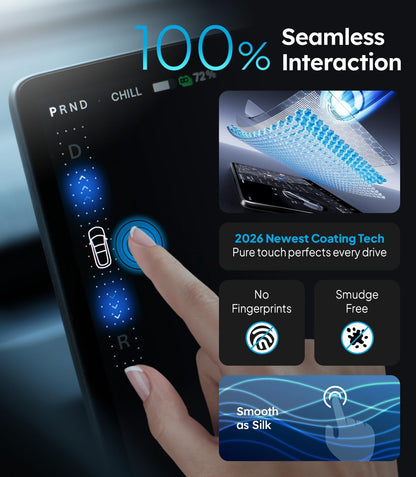 Touchscreen device with hand interacting, featuring text about seamless interaction and coating technology.