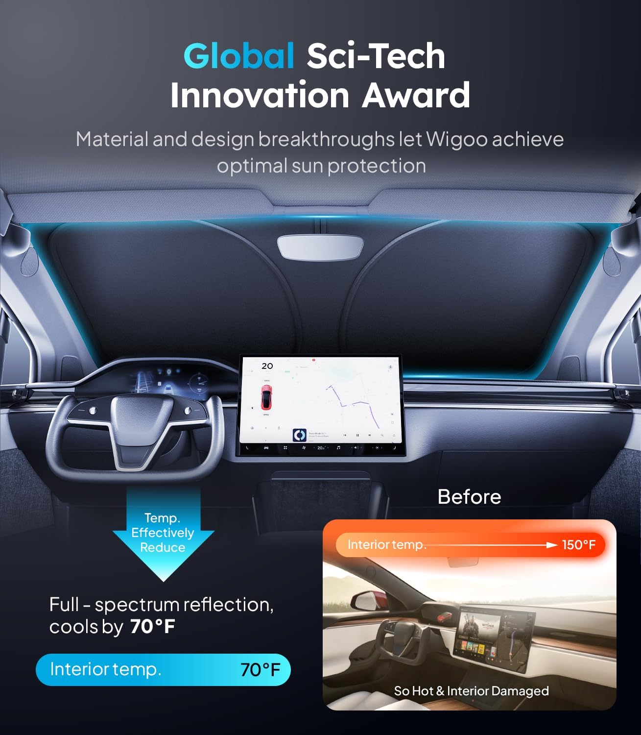 Car interior with sun protection feature, highlighting global sci-tech innovation award.