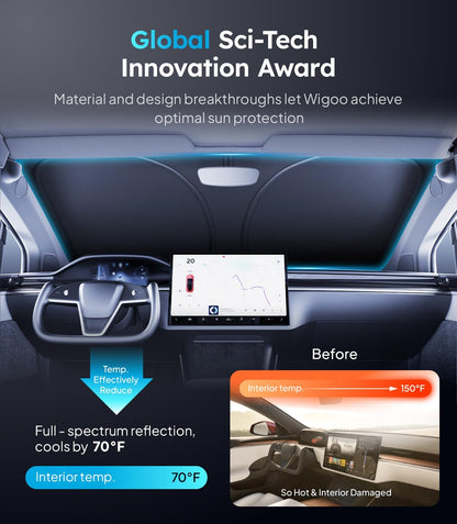 Car interior with sun protection feature, highlighting global sci-tech innovation award.