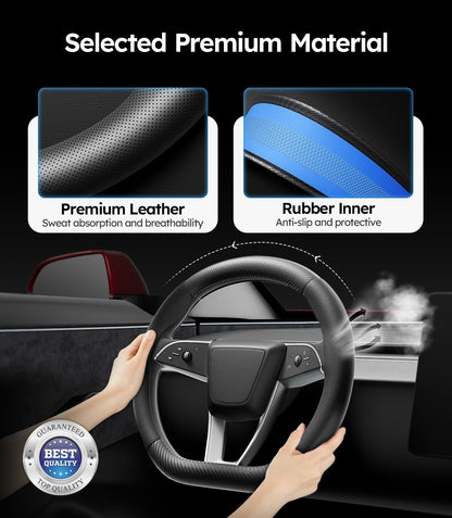 Car steering wheel cover with premium material features and a hand holding it.