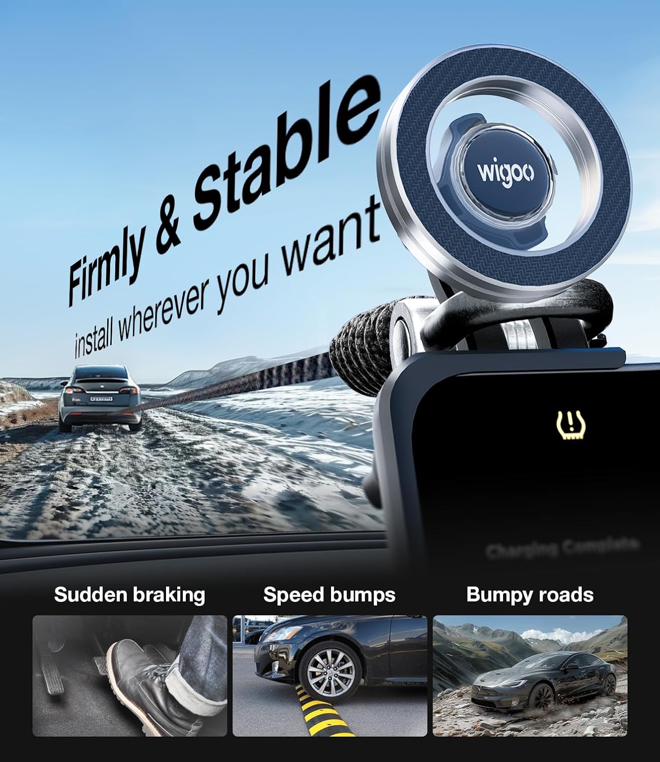 Car dashboard camera with 'wigoo' branding, showing stability in various road conditions.
