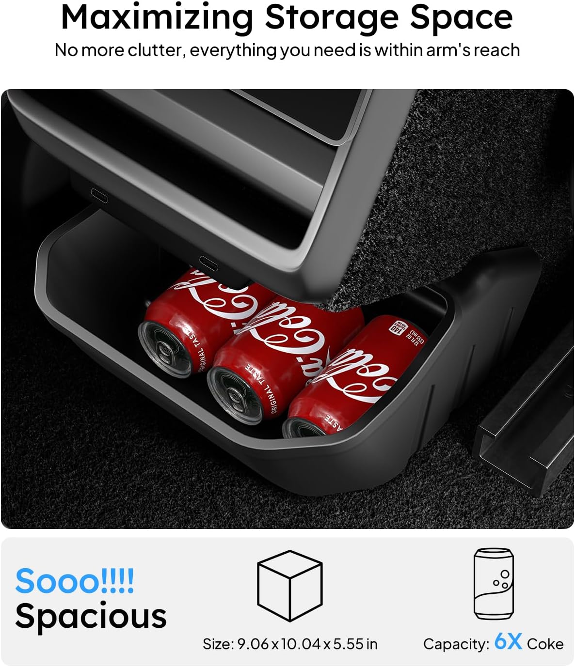 Car storage compartment with Coca-Cola cans, emphasizing maximizing storage space.