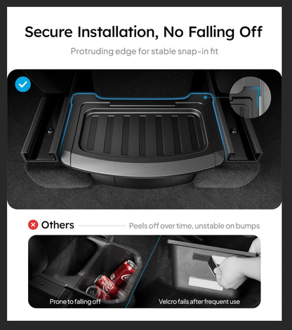 Car trunk mat with text highlighting secure installation and stability features.