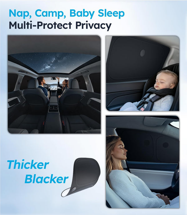 Car sunshade with text 'Nap, Camp, Baby Sleep Multi-Protec Privacy' on a blue background