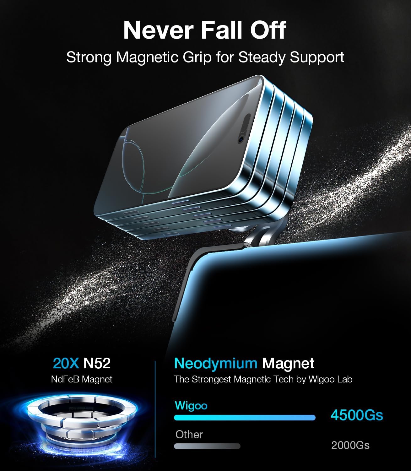 Smartphone with a magnetic stand on a dark background, highlighting the strong magnetic grip feature.