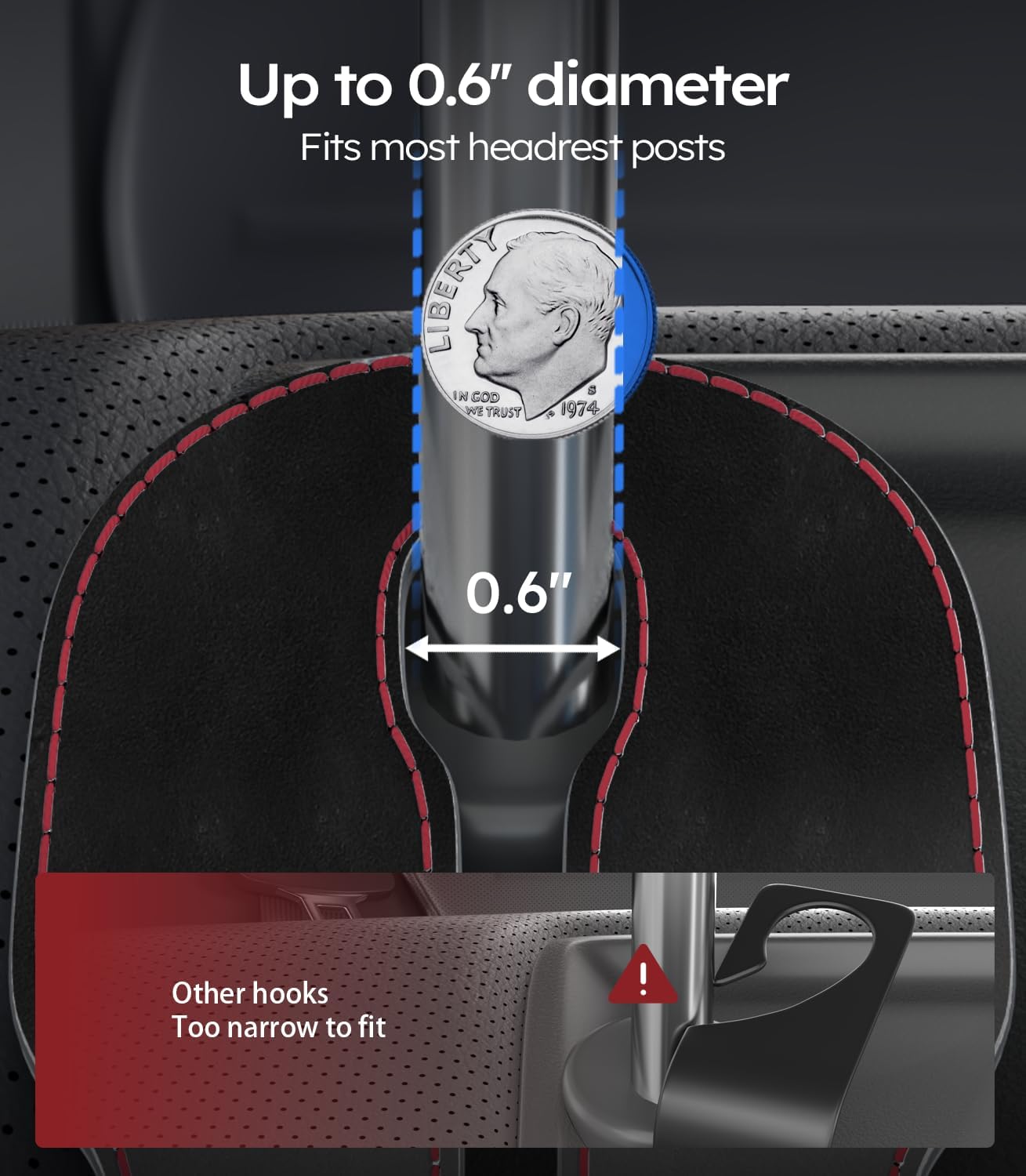 Car headrest cover with a coin illustration showing 0.6 inch diameter compatibility.
