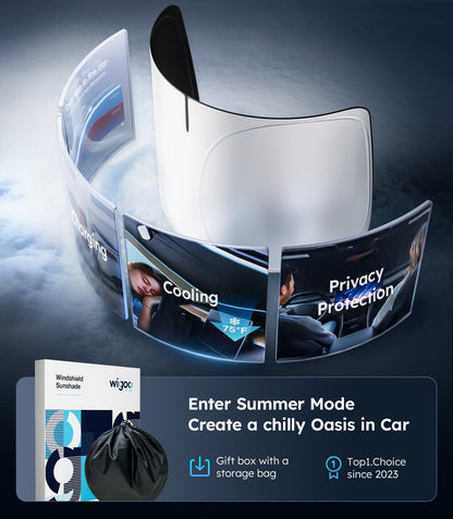 Car sunshade with features like cooling and privacy protection, displayed against a dark background.