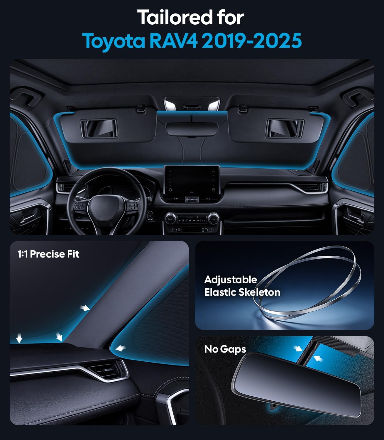 Car interior with blue accent lights tailored for Toyota RAV4 2019-2025, highlighting features like precise fit and adjustable skeleton.