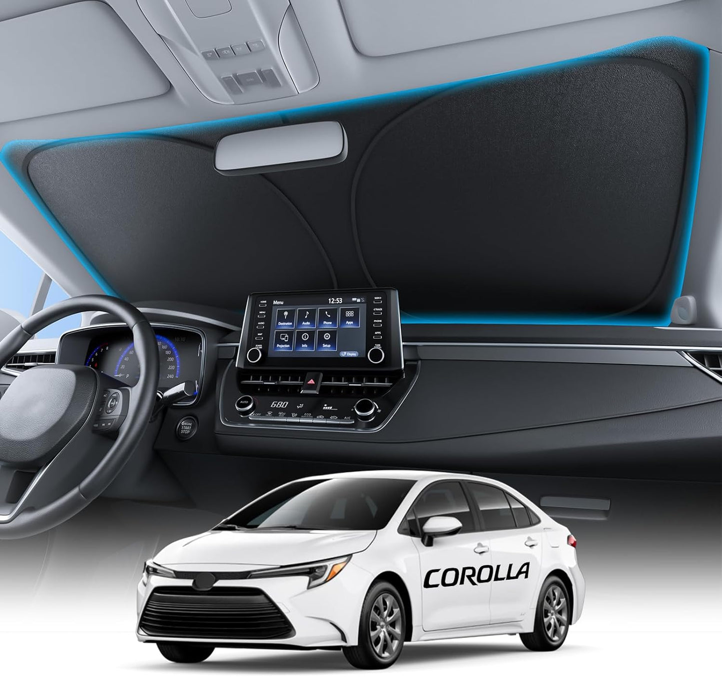 Car interior with dashboard and steering wheel, and a white Toyota Corolla car in the foreground.