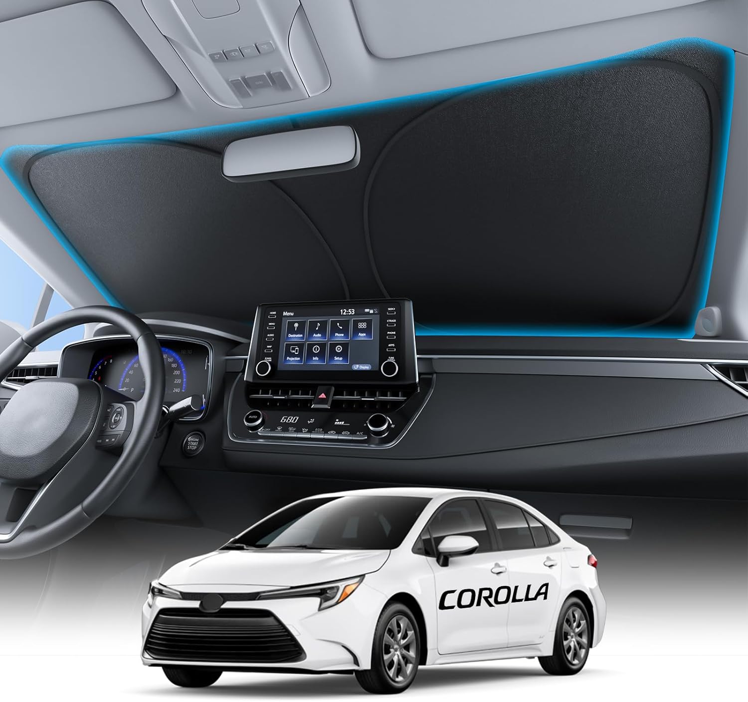 Car interior with dashboard and steering wheel, and a white Toyota Corolla car in the foreground.