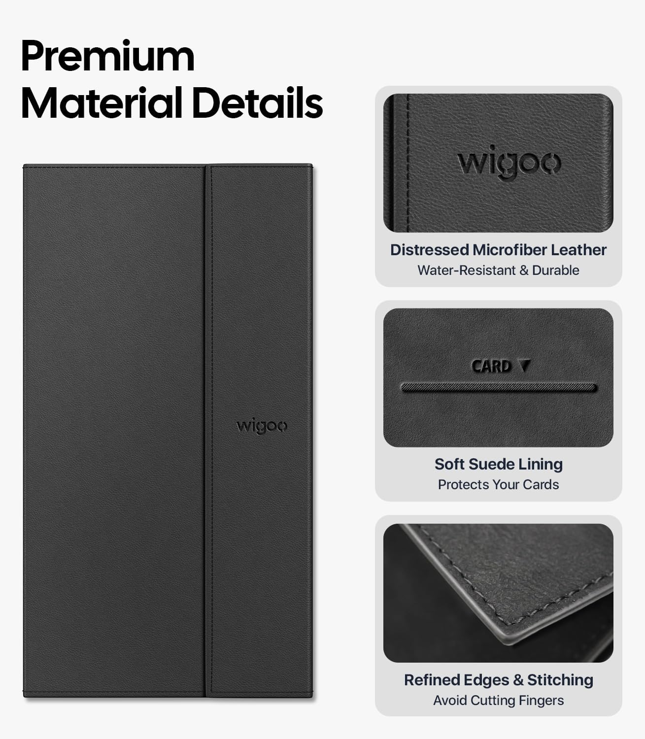 Black cardholder with 'wigoo' branding, showing material details on a white background.