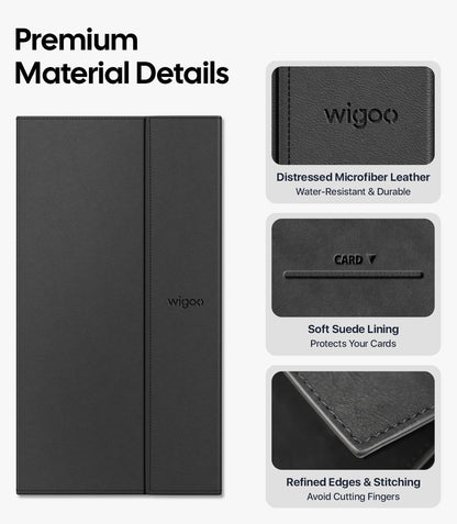 Black cardholder with 'wigoo' branding, showing material details on a white background.