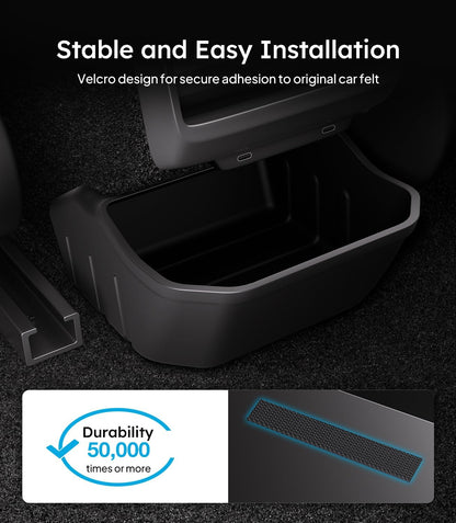 Car console organizer with Velcro design for secure adhesion on car felt, highlighting durability.