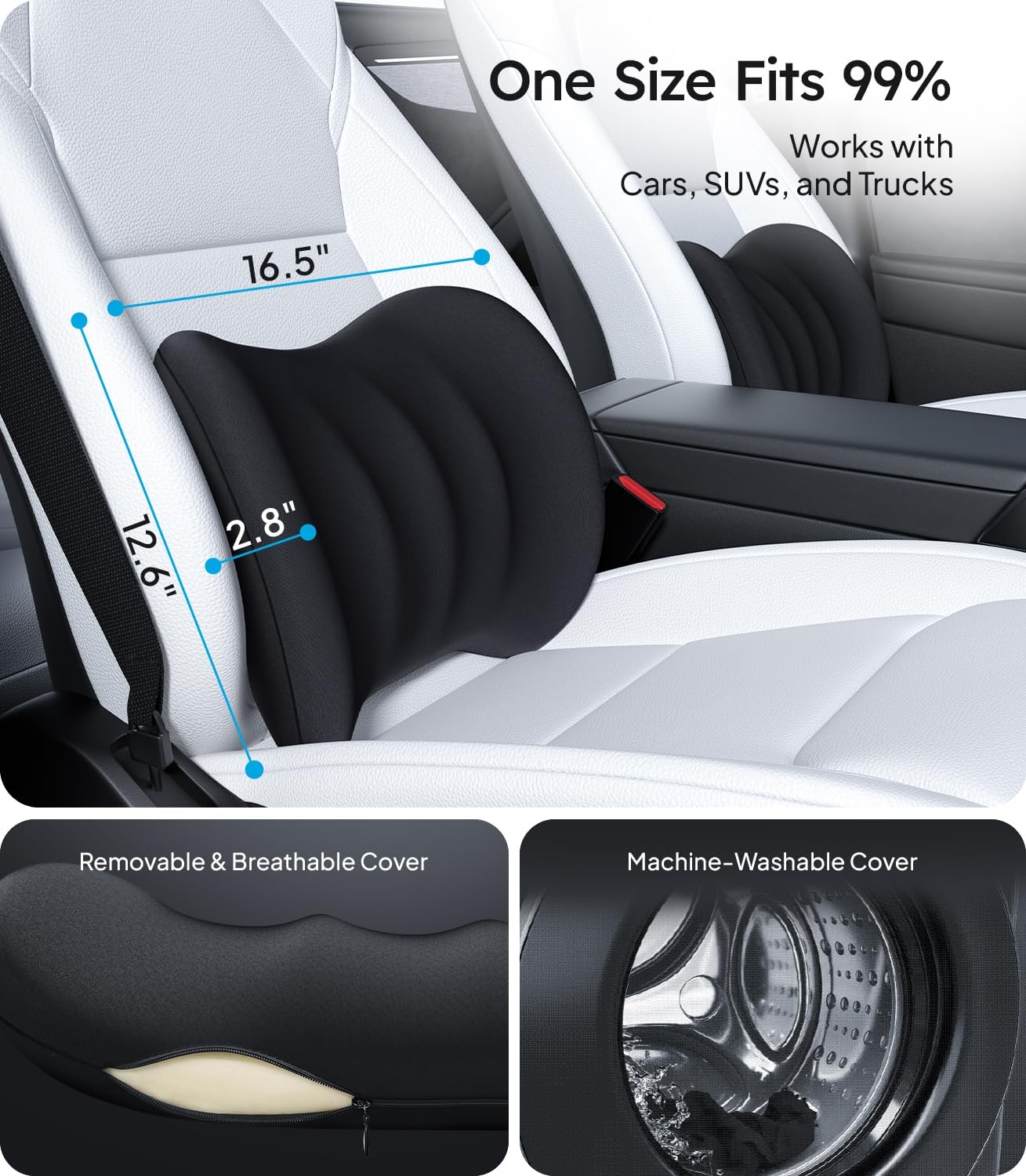 Car seat cover with measurements and features highlighted, including a removable cover and machine-washable option.