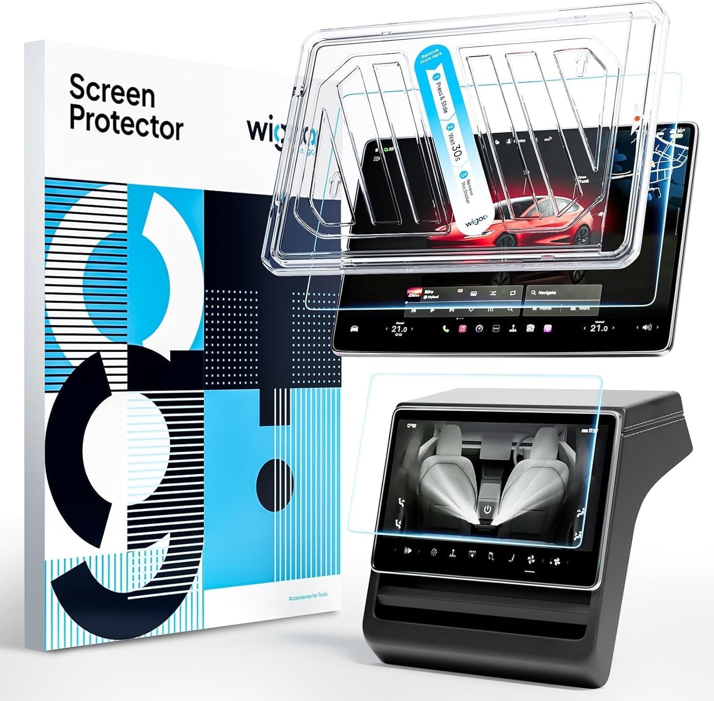 Car infotainment screen protector with packaging and a sample application on a screen.
