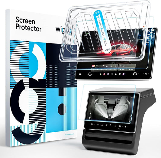 Car infotainment screen protector with packaging and a sample application on a screen.