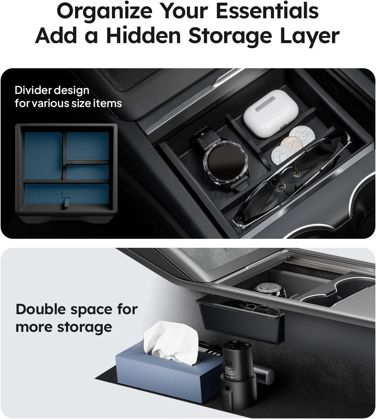 Car console organizer with divider and additional storage space.