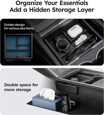 Car console organizer with divider and additional storage space.