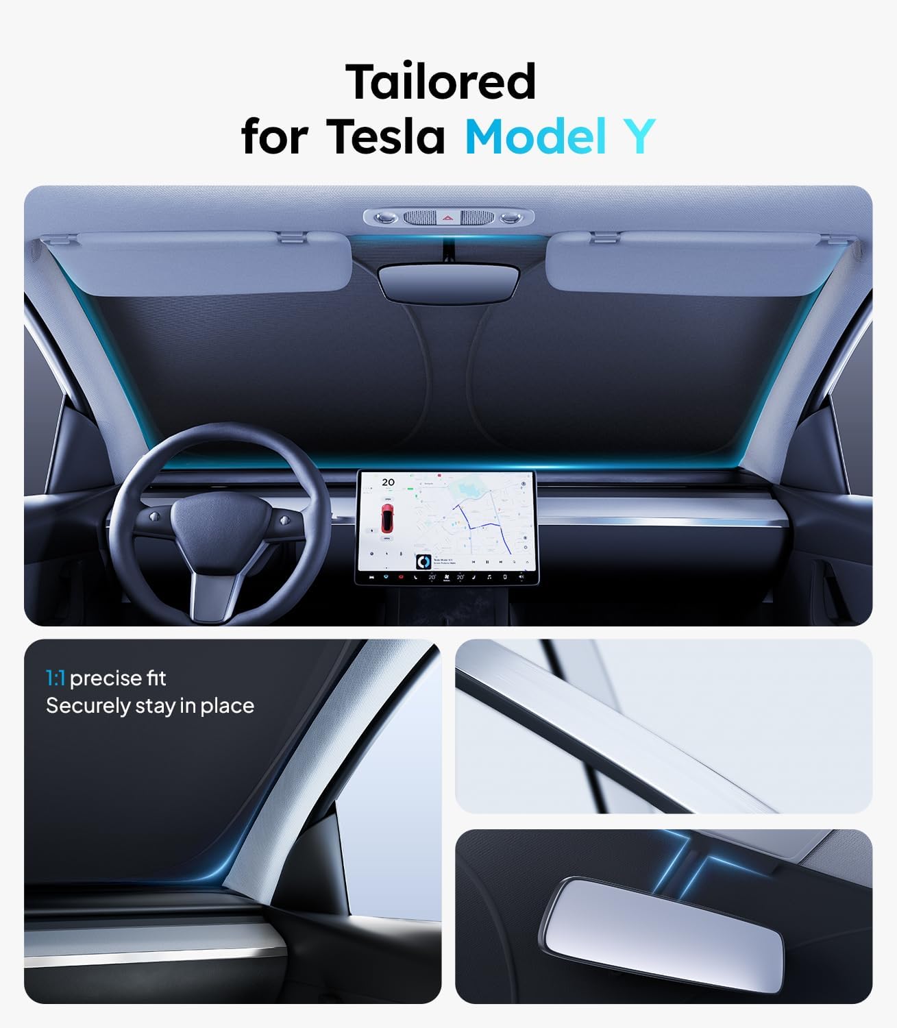 Car interior with a sunshade tailored for Tesla Model Y, showing precise fit and secure placement.