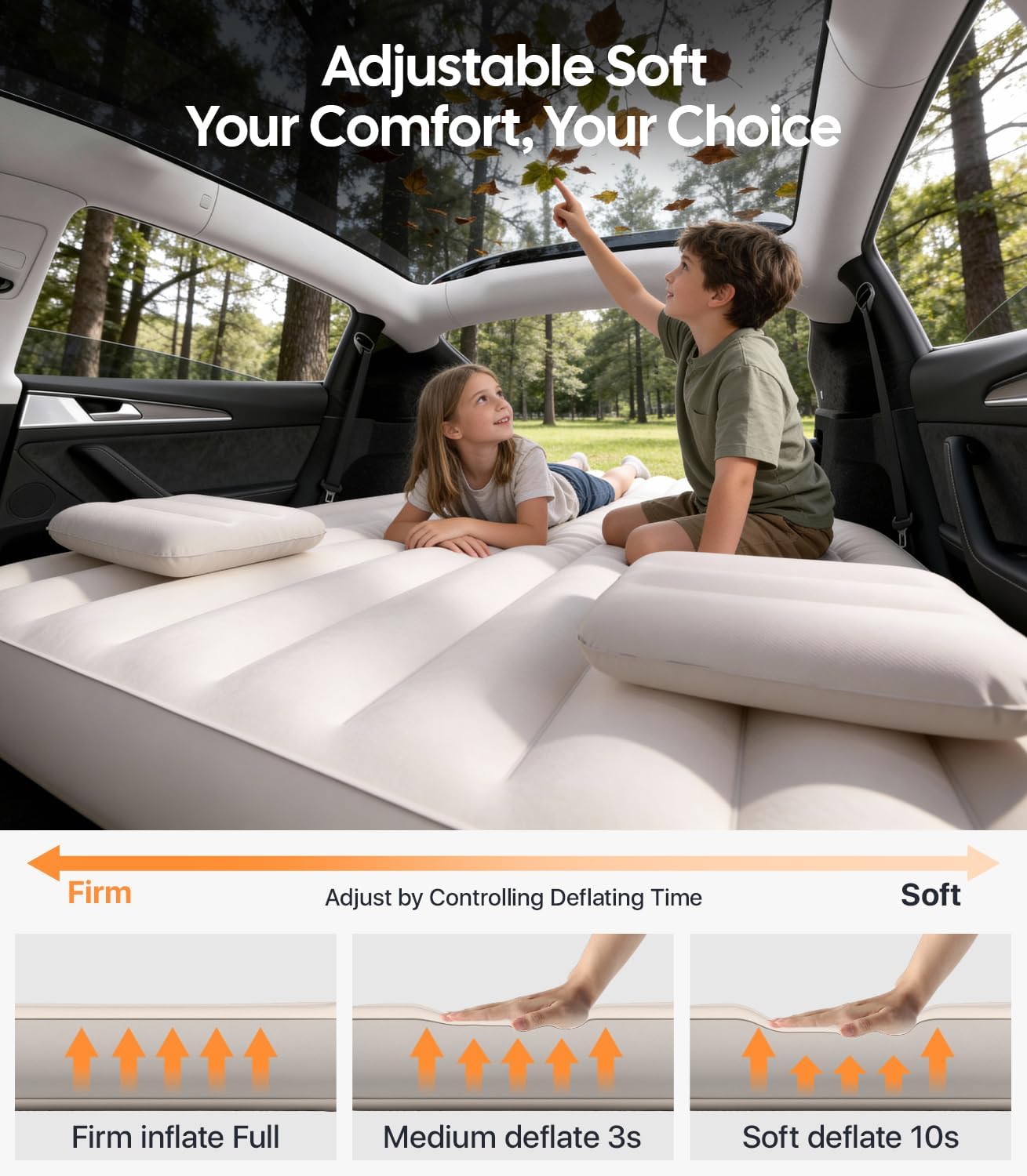 Inflatable car mattress with children using it, surrounded by trees.