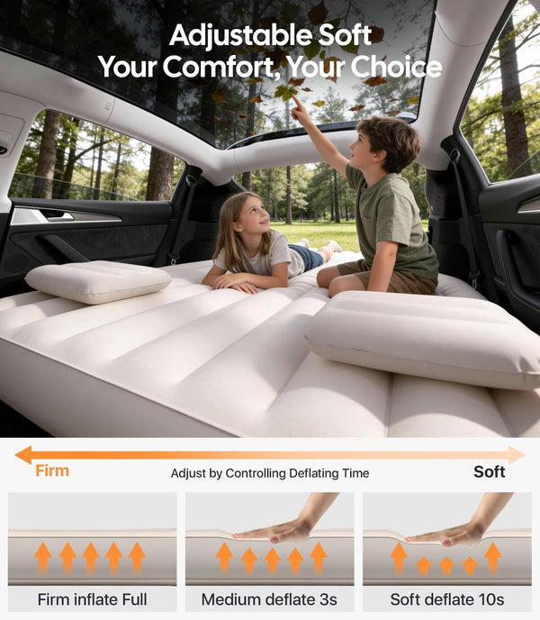 Inflatable car mattress with children using it, surrounded by trees.