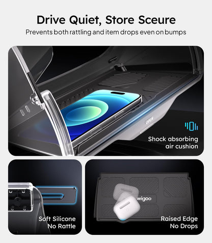 Car trunk with phone on a shock-absorbing air cushion, highlighting features like soft silicone and raised edge.