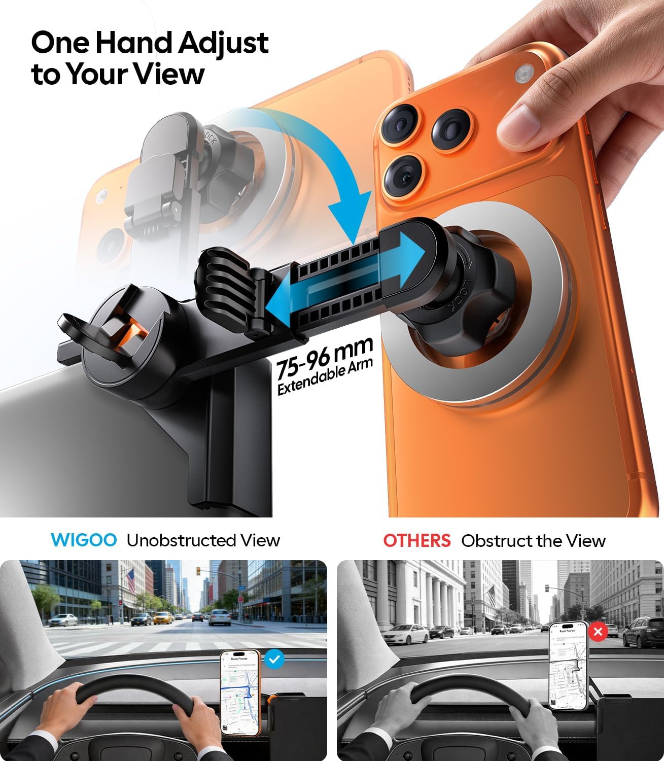 Wigoo Magnetic Phone Mount for Tesla Model 3 Model Y Accessories【Strongest Magnet & No Blocking View】 Screen Side Magnetic Phone Holder for Magsafe iPhone 17-12 & Android - Extendable Arm (No Glue) WIGOO