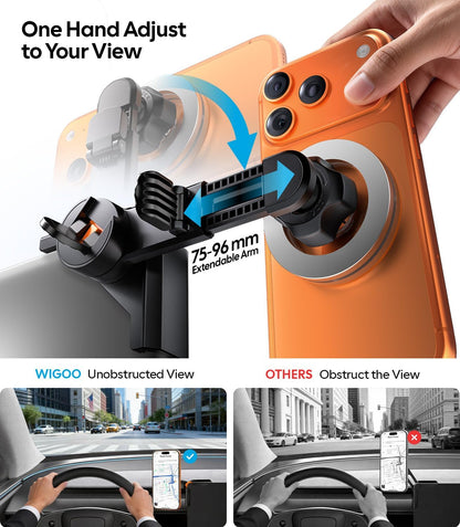 Wigoo Magnetic Phone Mount for Tesla Model 3 Model Y Accessories【Strongest Magnet & No Blocking View】 Screen Side Magnetic Phone Holder for Magsafe iPhone 17-12 & Android - Extendable Arm (No Glue) WIGOO