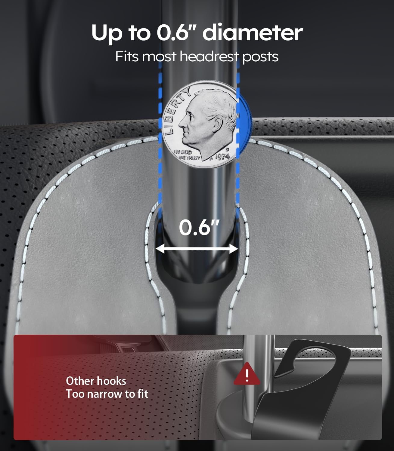 Car headrest hook with a coin for size reference, showing it fits most headrest posts.