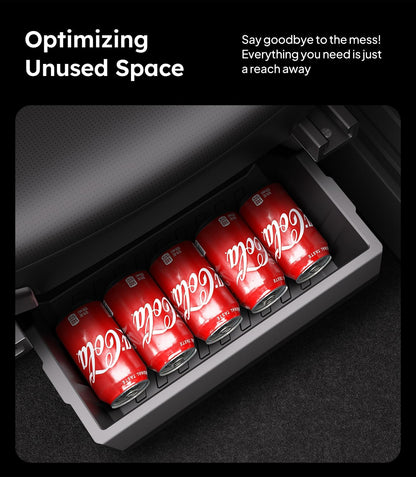 Coca-Cola cans in a drawer organizer with text about optimizing unused space.