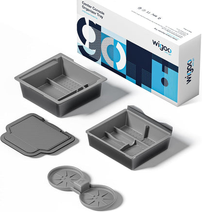 Gray car console organizer tray with packaging on a white background