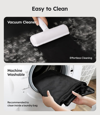 Vacuum cleaner cleaning a surface with text 'Easy to Clean' and 'Machine Washable' with laundry bag.
