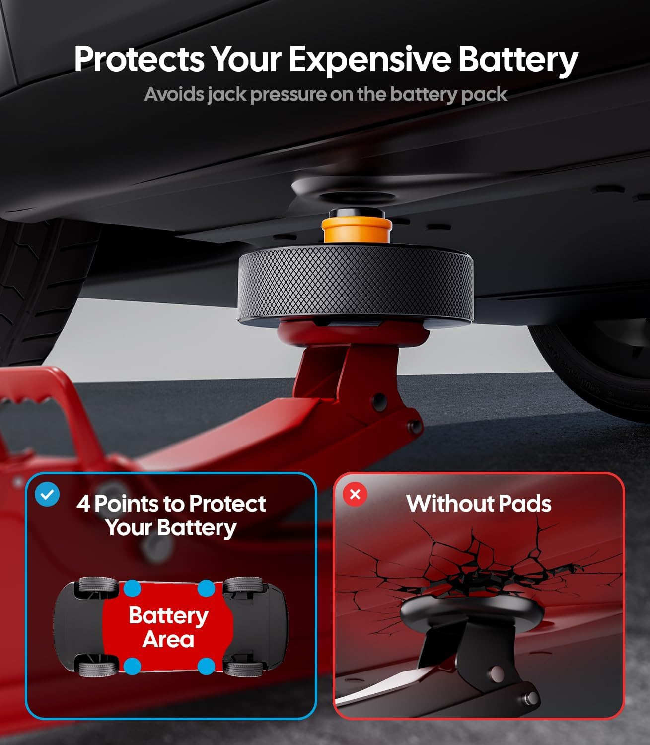 Car jack with battery protection pads and text explaining its benefits.