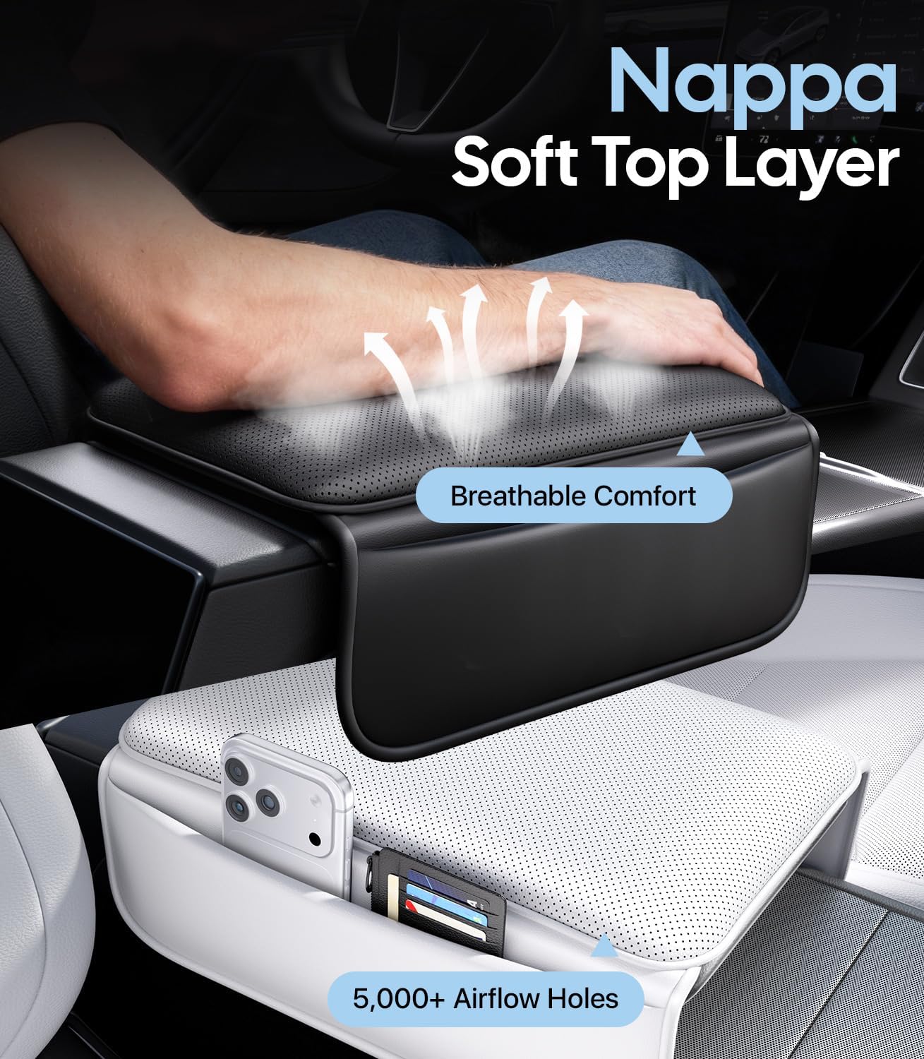 Car armrest cover with breathable comfort feature and 5,000+ airflow holes, branded 'Nappa'.