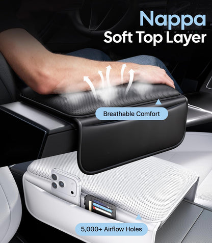 Car armrest cover with breathable comfort feature and 5,000+ airflow holes, branded 'Nappa'.
