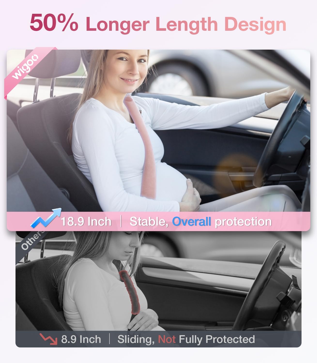 Woman sitting in a car with a seat cover, highlighting product features.