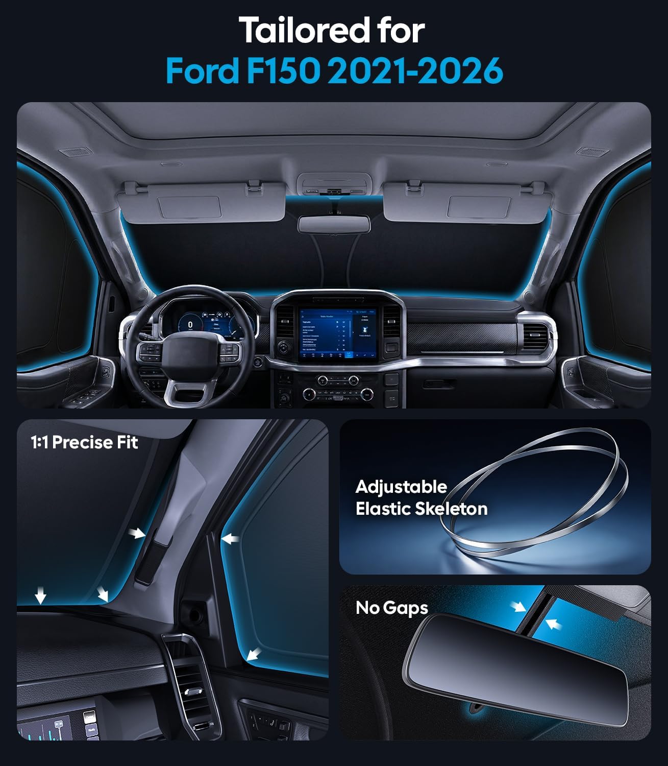 Car interior with dashboard and steering wheel, highlighting features for Ford F150 2021-2026.
