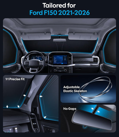 Car interior with dashboard and steering wheel, highlighting features for Ford F150 2021-2026.