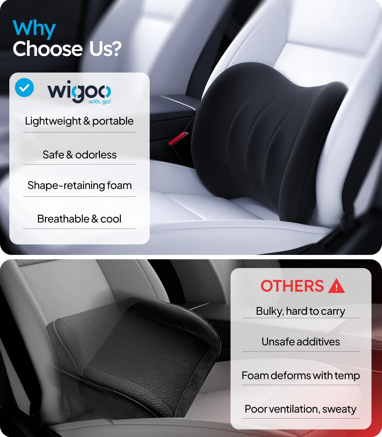 Car seat cushion with Wigoo branding and features listed, comparing it to 'Others' with negative points.