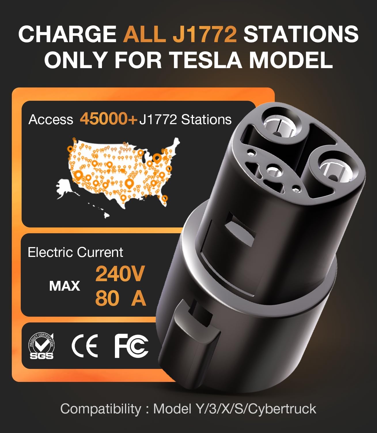 Electric vehicle charging plug with compatibility information for Tesla Model Y, 3, X, S, and Cybertruck.