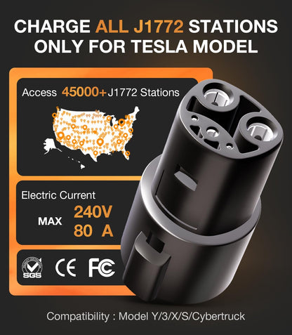 Electric vehicle charging plug with compatibility information for Tesla Model Y, 3, X, S, and Cybertruck.