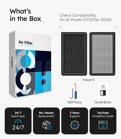 Air filter packaging with filters, tools, and guide book displayed on a white background.
