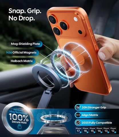 Orange phone case with magnetic ring holder and car mount, featuring text on grip and compatibility.